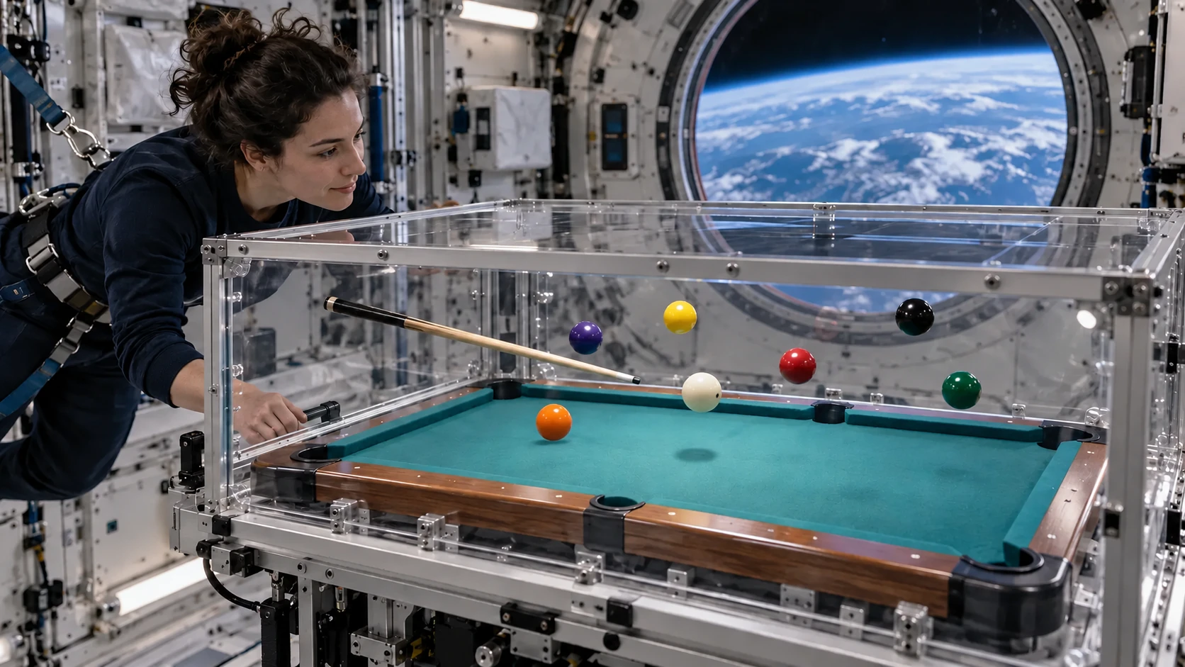 Conceptual enclosed billiards experiment with floating balls and an anchored astronaut inside a generic orbital laboratory