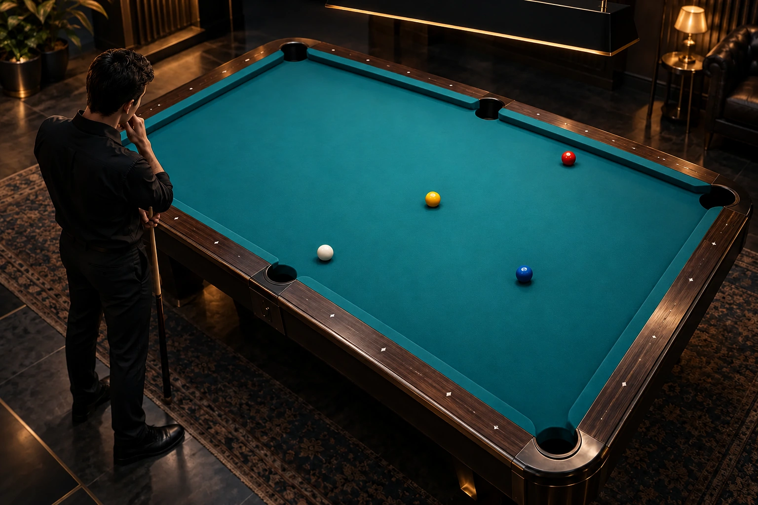Anonymous player studying one cue ball and three object balls on an unmarked table