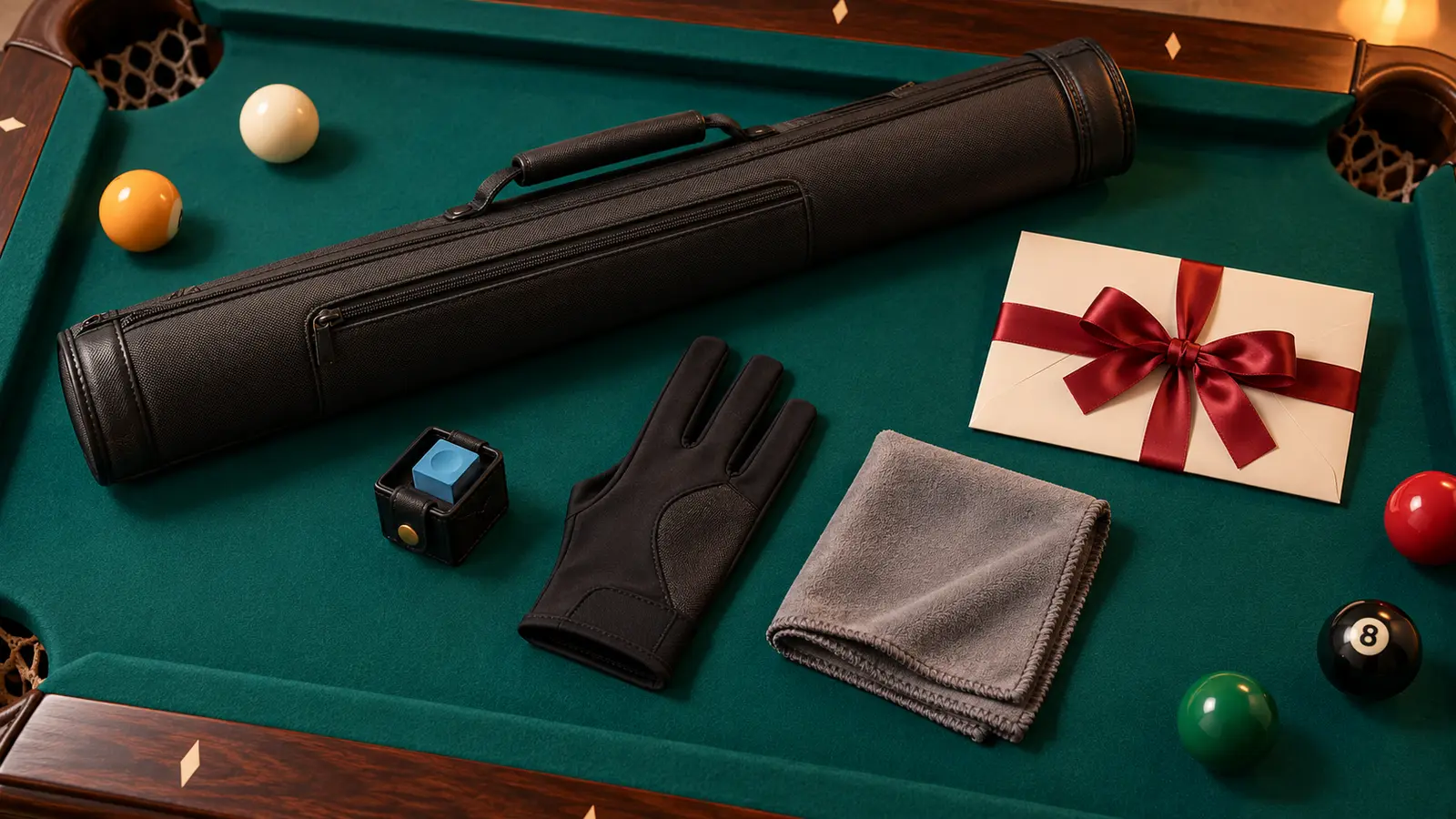 Pool table arranged with a generic cue case, glove, chalk holder, maintenance cloth and wrapped gift envelope