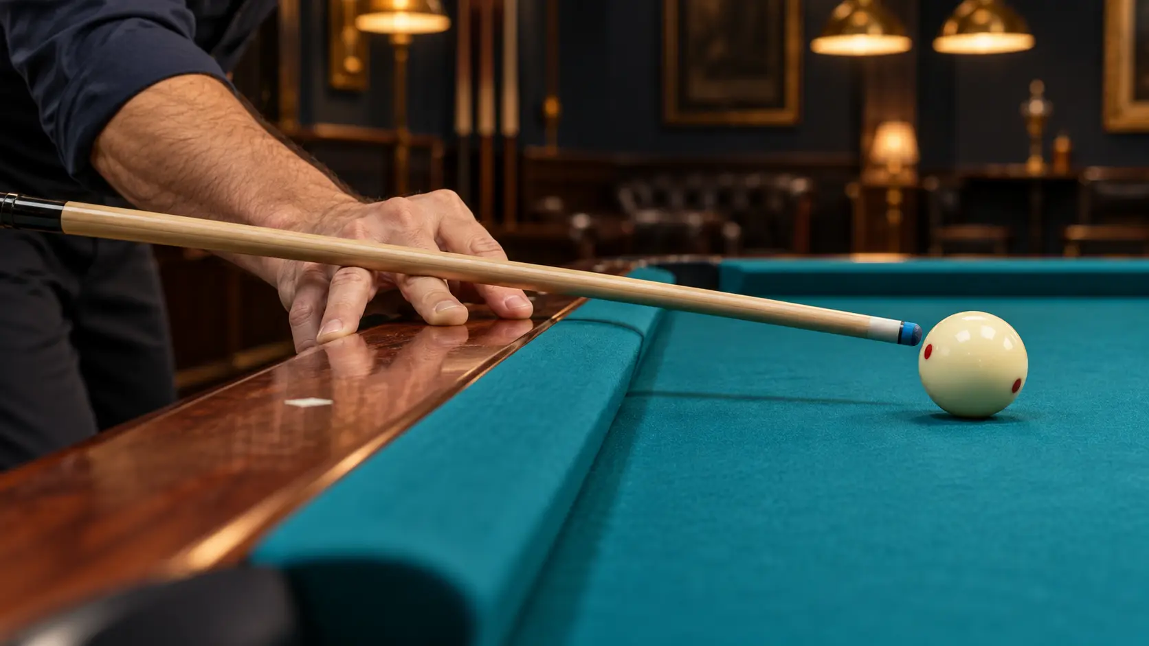 Editorial side view of a pool player anchoring a bridge hand on the wooden rail with the cue supported above the cushion