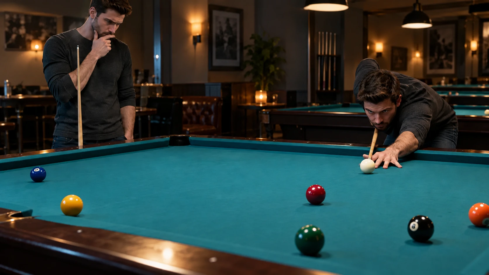Two views of planning and preparing a pool shot on a table with stationary balls and no drawn ball paths