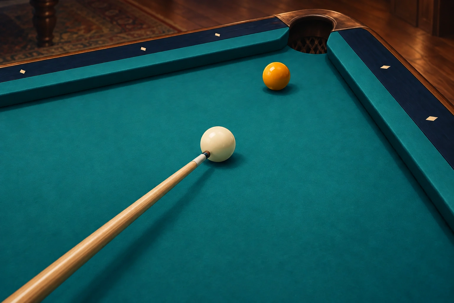 Generic cue, one white cue ball and yellow object ball beside a corner pocket with no target ring or drawn route
