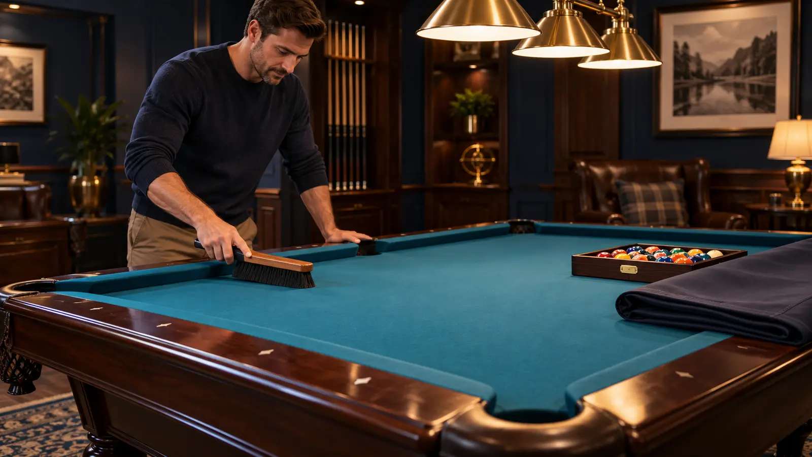 Editorial illustration of an owner gently brushing pool-table cloth with balls stored and a fitted cover ready nearby