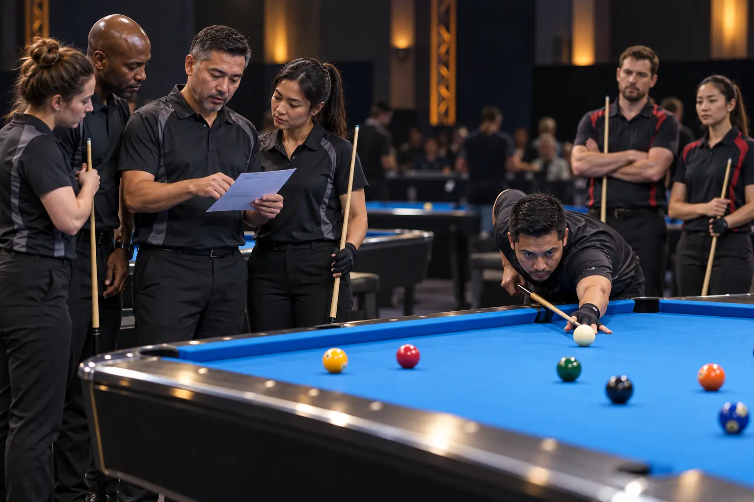 AI illustration of a calm pool team captain reviewing a lineup with teammates