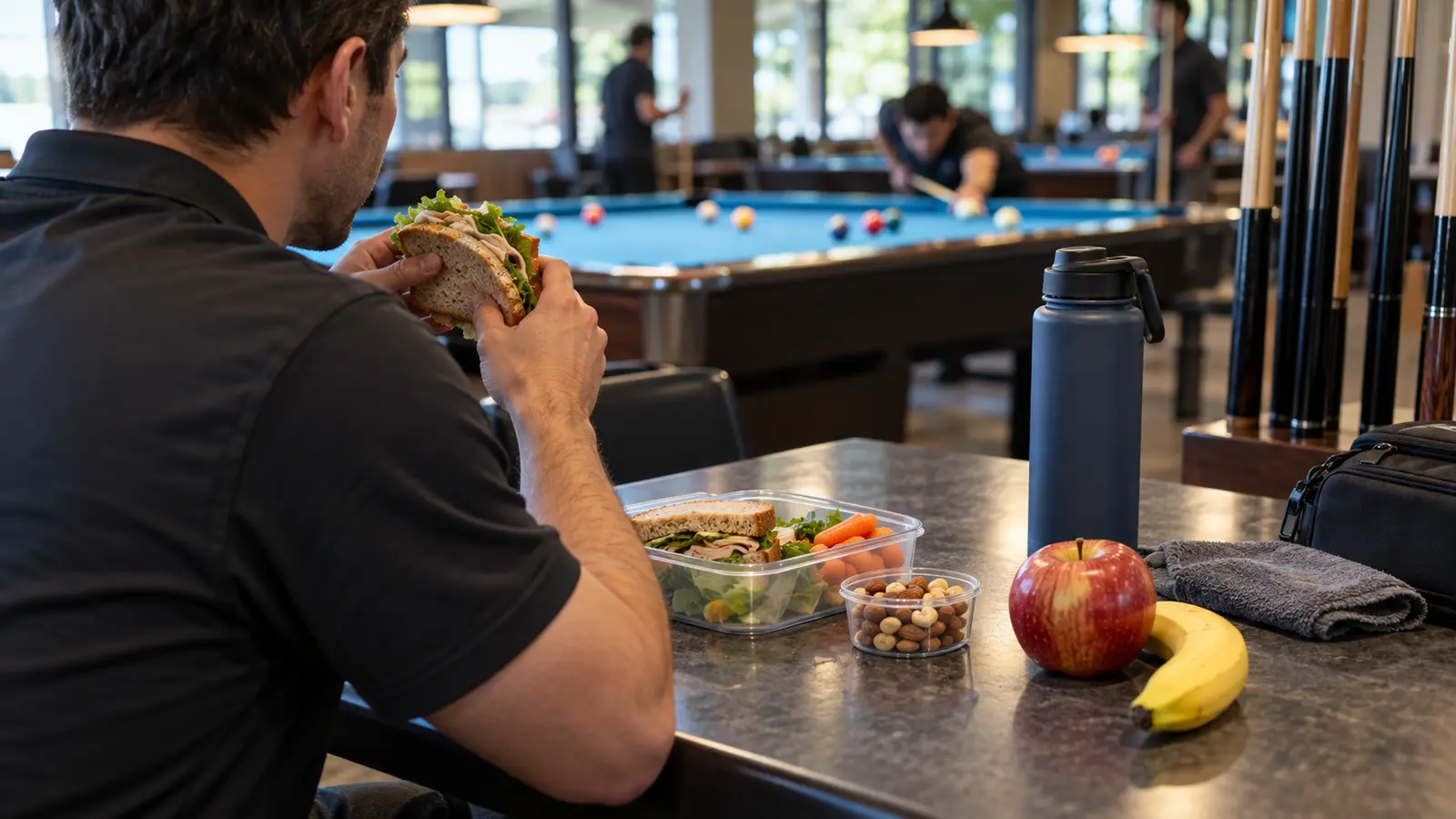 Pool player between matches with water, a packed sandwich, fruit and a small snack beside an unbranded cue case