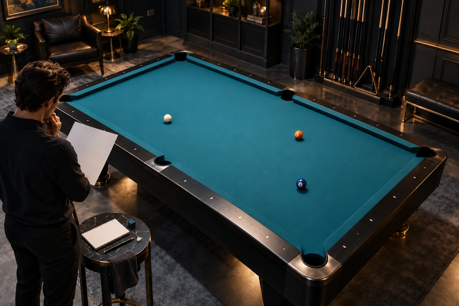 Anonymous player reviewing blank planning notes beside an unmarked pool table with one white cue ball and two object balls