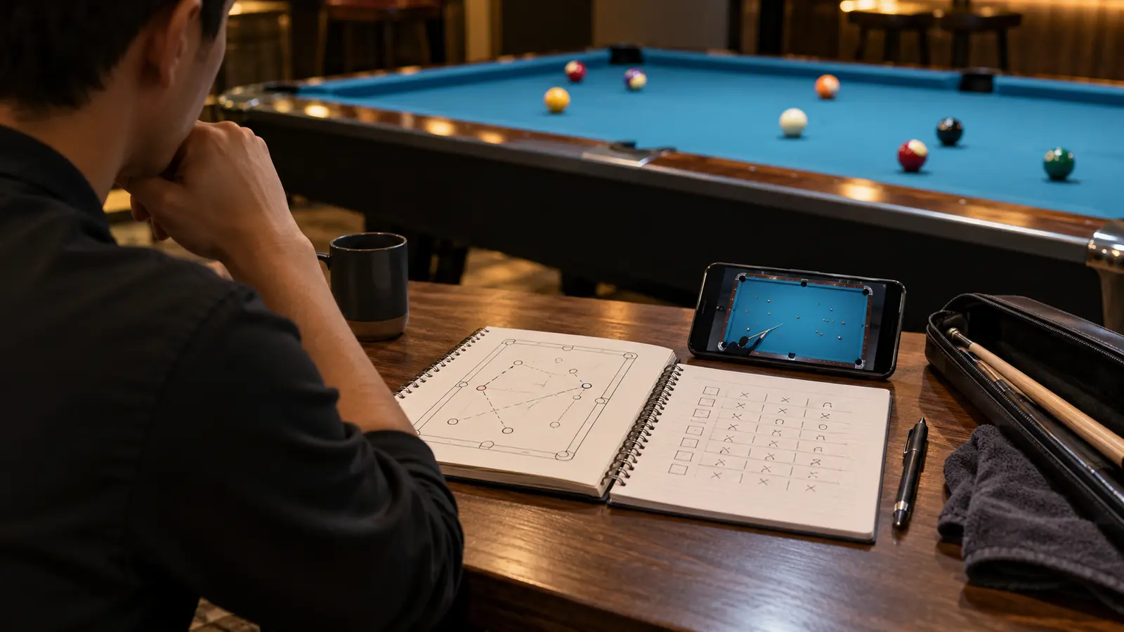 Player calmly reviewing a pool layout sketch, score sheet and overhead match video after play
