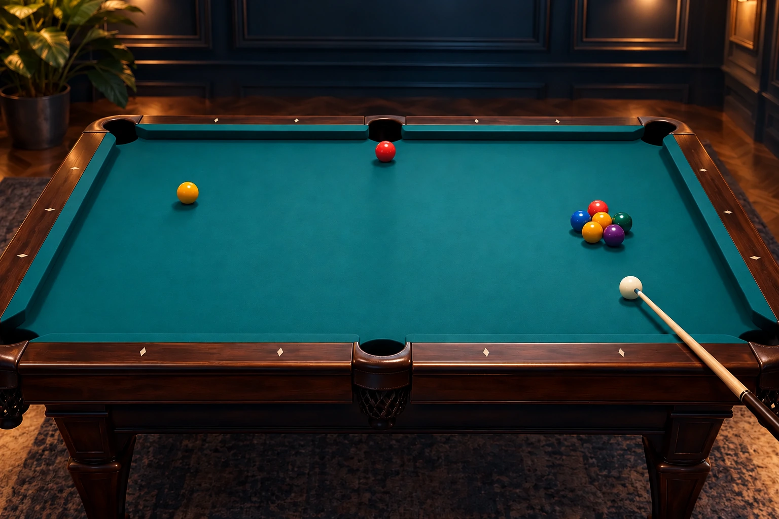 One white cue ball, ordinary object balls and a small colored cluster on an unmarked pool table