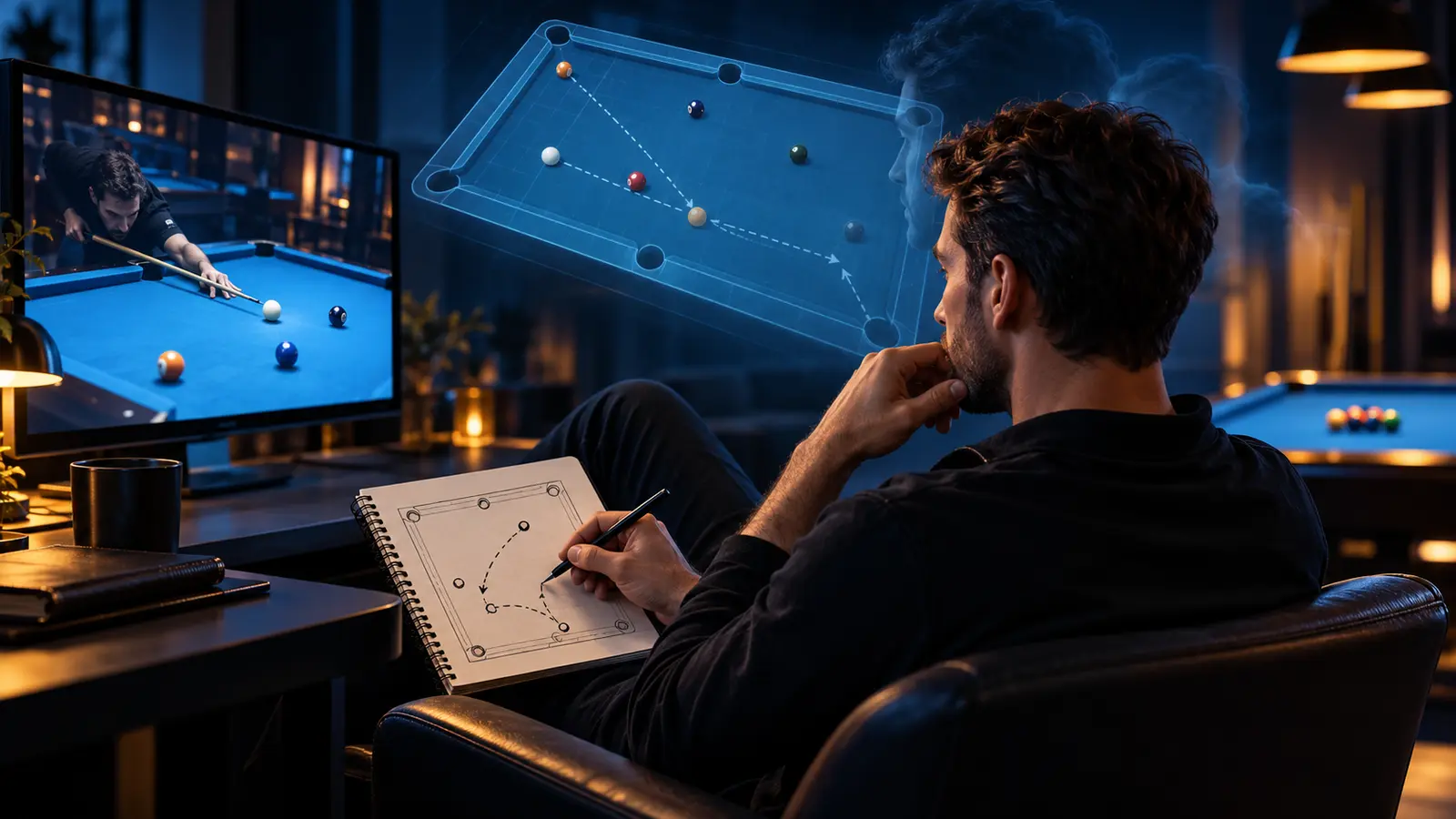 Illustration of a pool player studying a match route and visualizing a cue-ball path beside a notebook away from the table