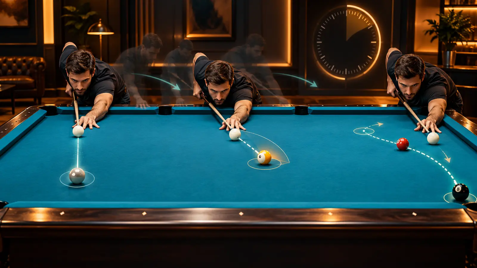 Illustration of a pool player moving through several simple shot stations with a subtle timer motif