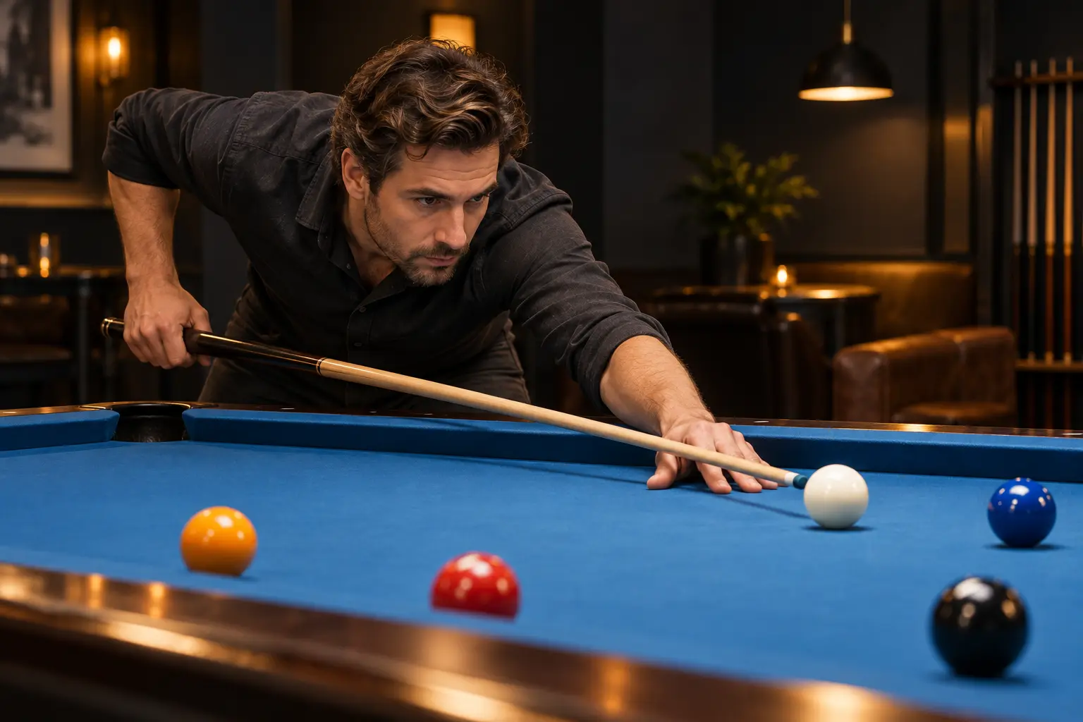 AI illustration of a pool player relaxing the grip and shoulders before a shot