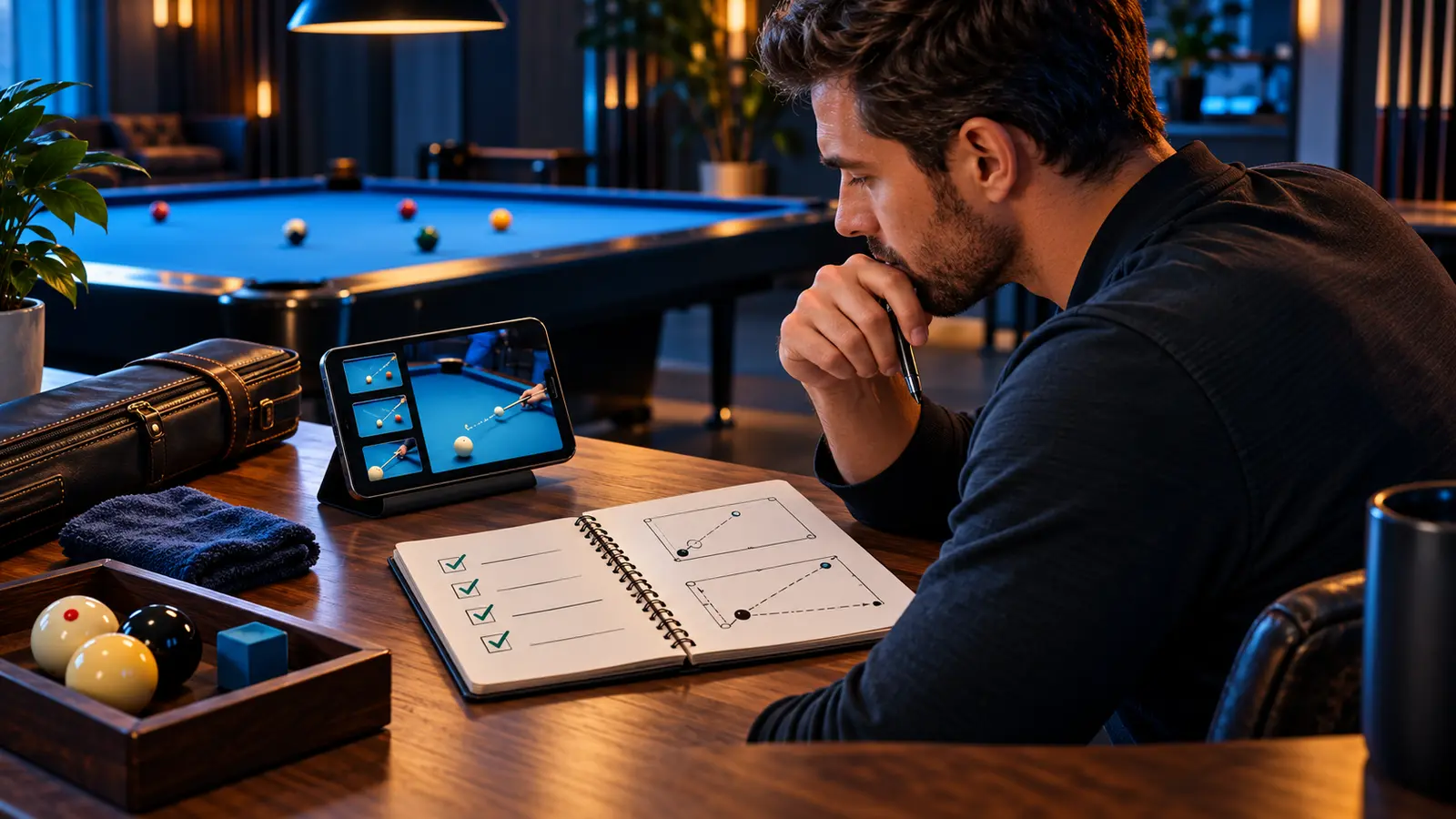 Illustration of a pool player organizing instructional clips from several social feeds into a focused practice notebook