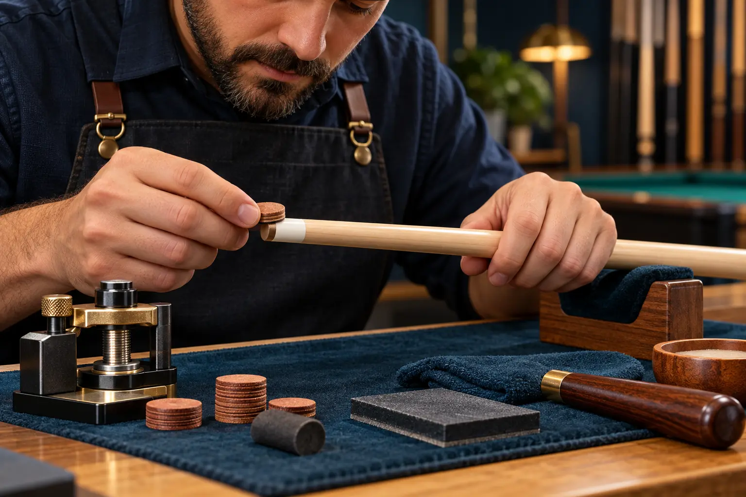 Unbranded cue technician centering a leather replacement tip on a supported wood shaft