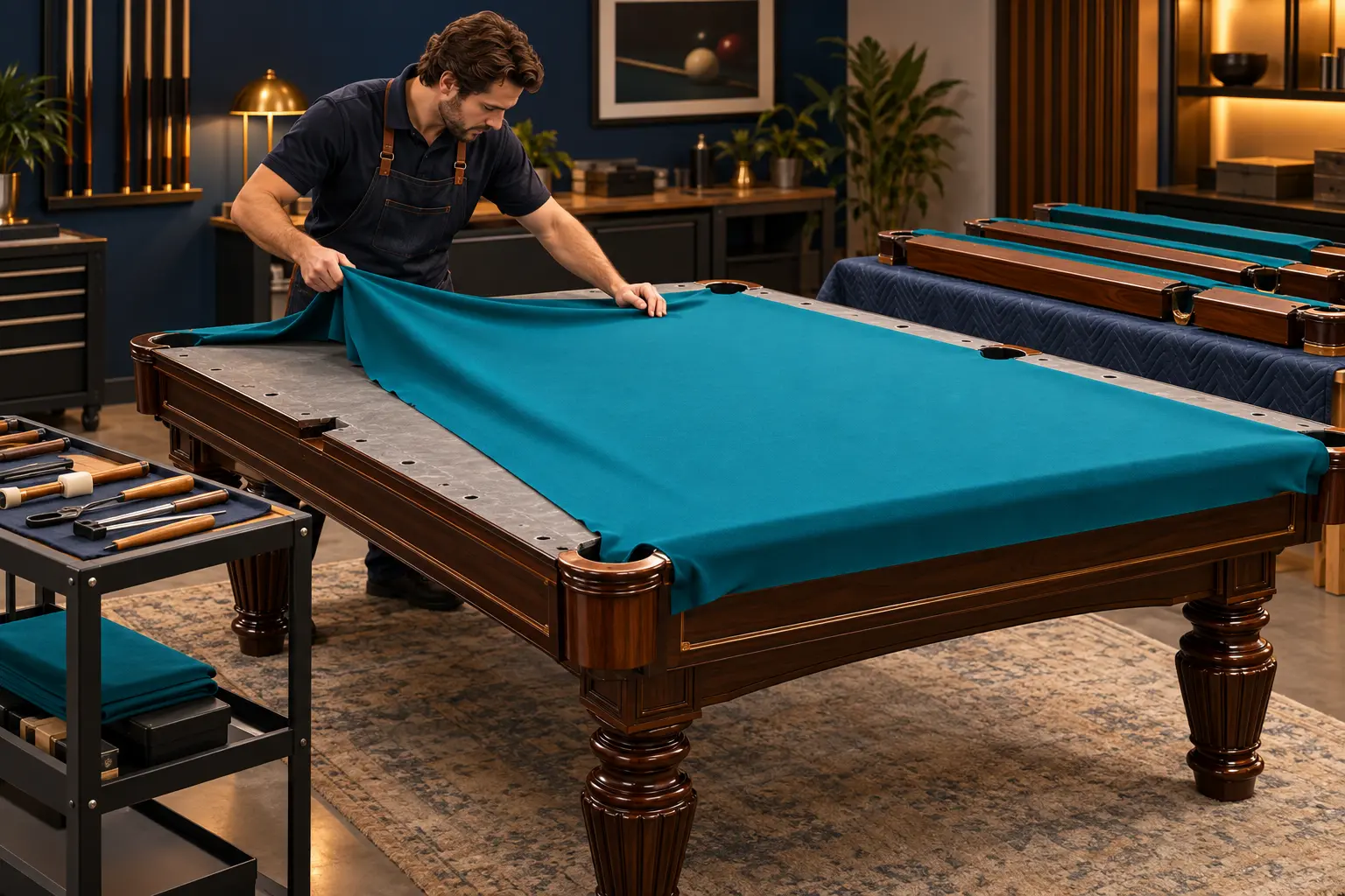 Unbranded table technician positioning teal cloth over an exposed pool table bed