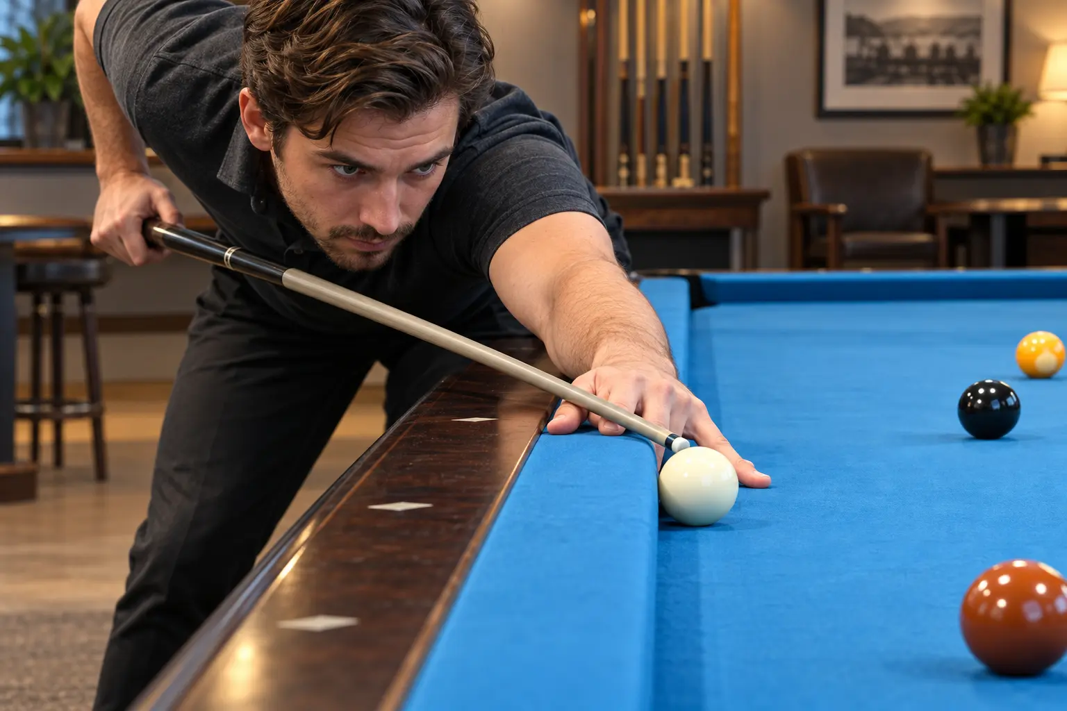 AI illustration showing a stable rail bridge for a cue ball tight against the cushion