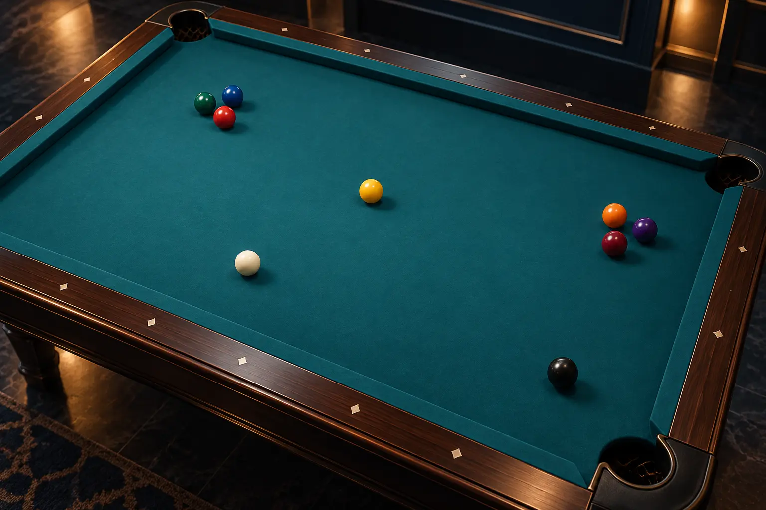 Generic partial-table illustration with one white cue ball, grouped colored balls and a black object ball