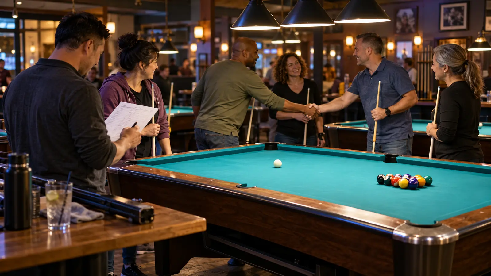 Community pool league players greeting opponents while a teammate checks a match sheet beside a prepared table