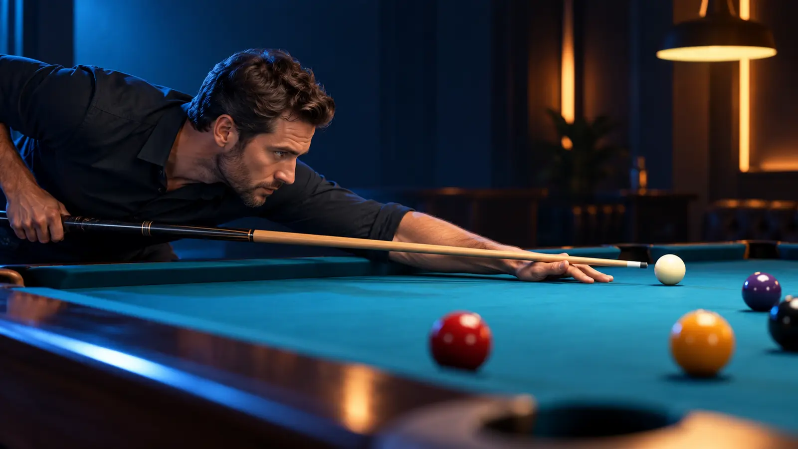 Side-view illustration of a pool player forming a stable bridge hand and relaxed bridge arm on blue cloth