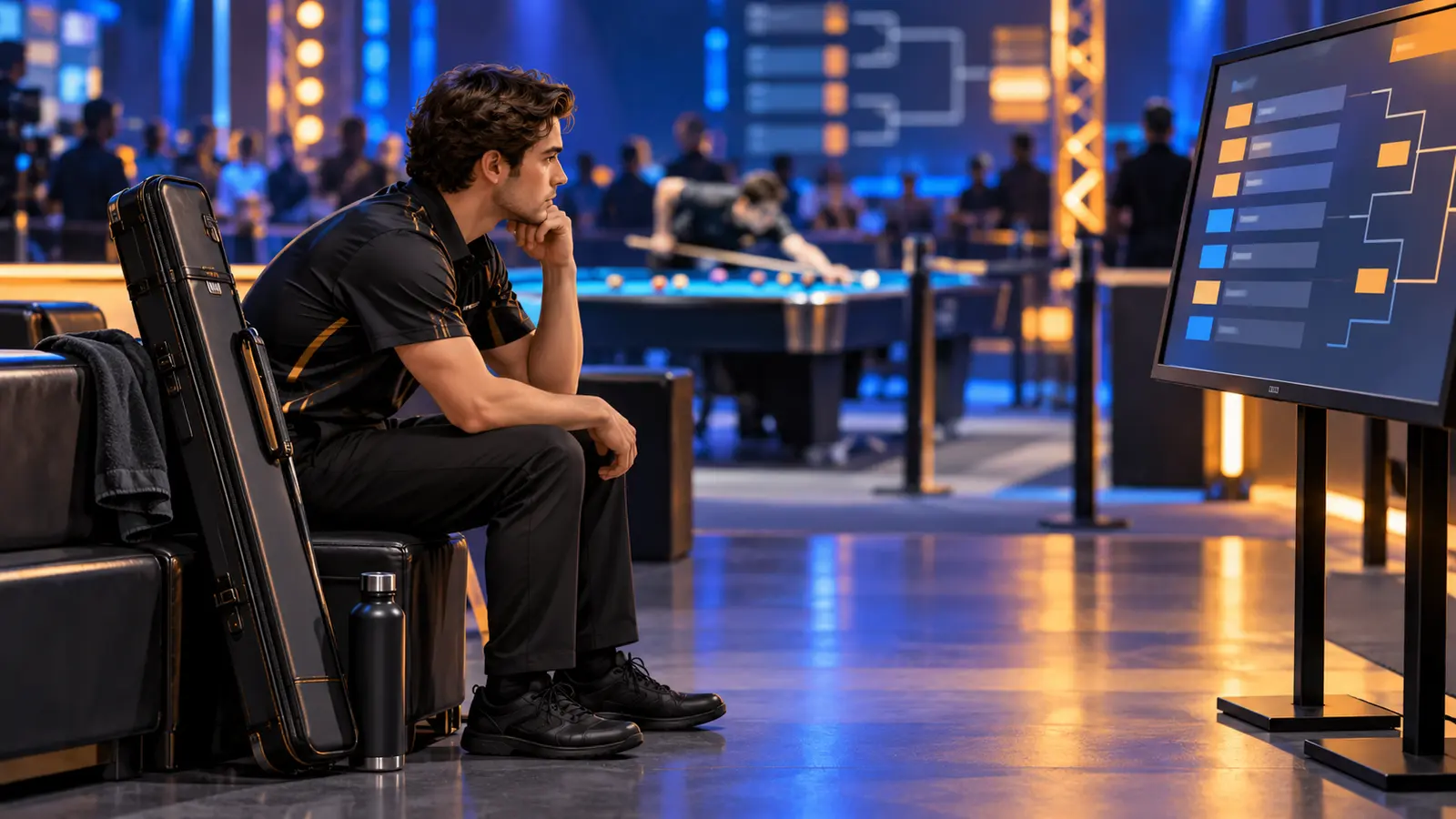 Illustration of a calm pool player checking a match schedule beside a closed cue case and warm-up table