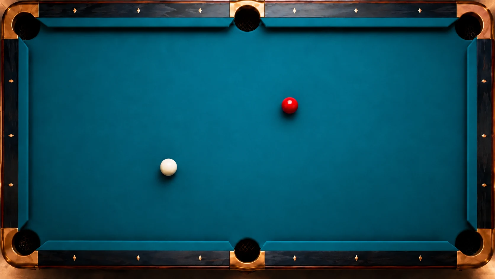 One white cue ball and one red object ball resting separately on pool cloth without trajectory marks