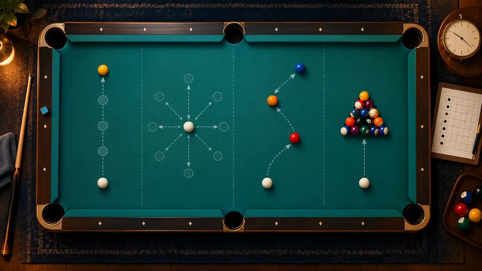 Top-down editorial illustration of a pool table divided into timed practice zones beside a simple analog clock and score sheet