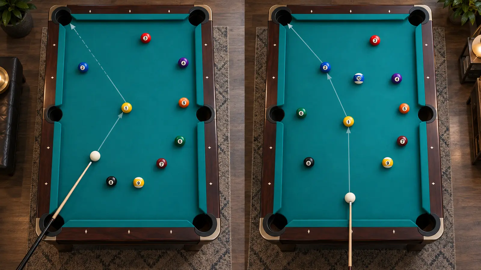 Overhead comparison of two numbered-ball rotation layouts with the lowest available ball highlighted