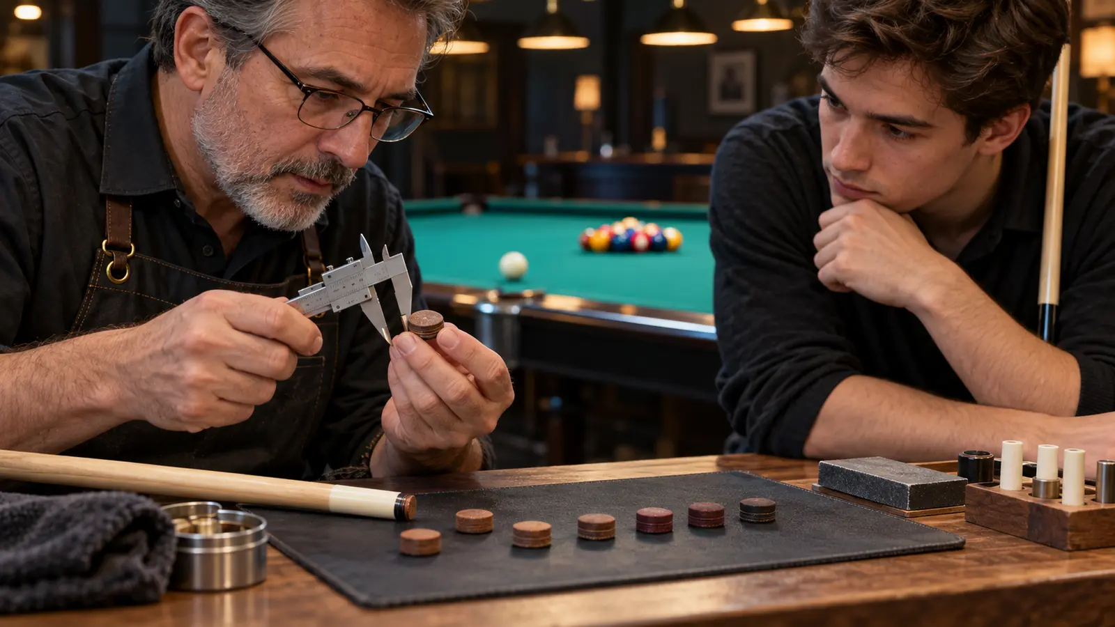 Unbranded cue technician measuring several compressed single-piece leather cue tips at a workbench