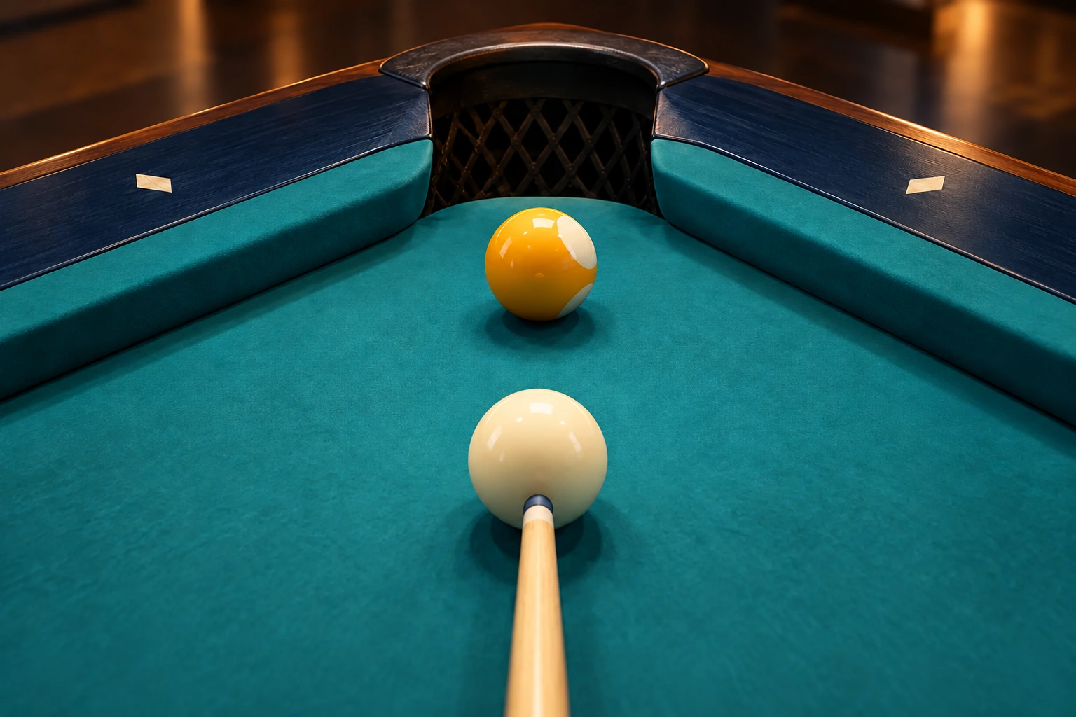 One white cue ball and one yellow object ball beside a real corner pocket with a clear opening