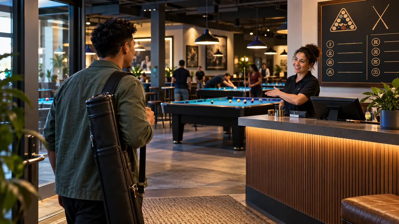 Player checking in with staff and observing the layout of an unfamiliar welcoming poolroom