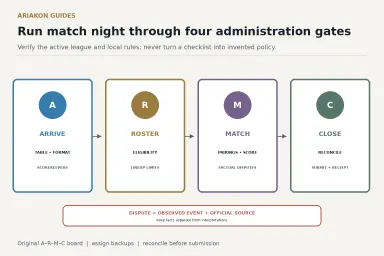 Pool team captain checklist divided into arrive, roster, match and closeout phases