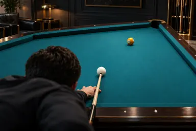 Anonymous player addressing one white cue ball toward one object ball on an unmarked table