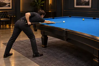 Anonymous adult using a plausible relaxed grip and open bridge beside an unmarked pool table