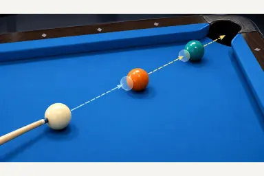 Illustration of a cue ball and two object balls aligned backward from a corner pocket for a combination shot