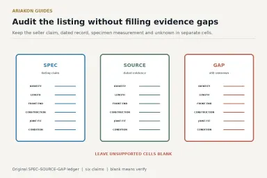 Neutral six-row SPEC, SOURCE and GAP ledger for auditing claims in a used cue-shaft listing