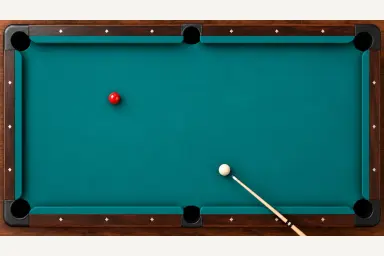 Clean overhead cue-ball and red-ball planning scene on a six-pocket table, without a claimed safe route after contact