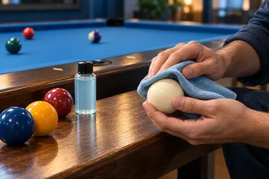 Hands wiping a plain cue ball with a soft blue cloth beside generic unlabelled care supplies