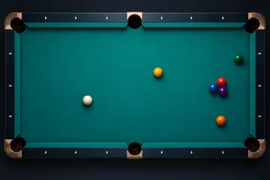 Generic pool table with six real pockets and solid resting balls, without ghost placement circles or dashed predicted cue-ball routes