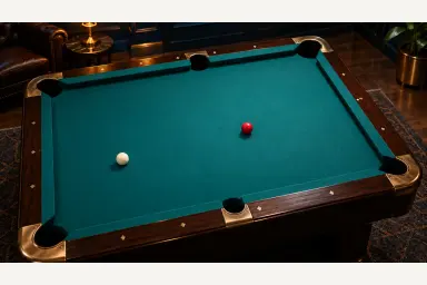 Clean editorial six-pocket table scene with a cue ball and red object ball, without an unverified bank trajectory