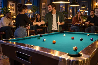 AI illustration of two adult bar pool players greeting beside a coin operated table while others wait respectfully