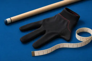 Generic black three-finger billiard glove, cue shaft and flexible measuring tape on blue cloth