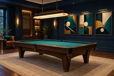 Neutral pool room with original abstract billiards artwork on a side wall and no visible brand marks