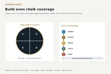 Four-zone cue-tip coverage check beside a five-step inspect, rotate, brush, check and reset routine