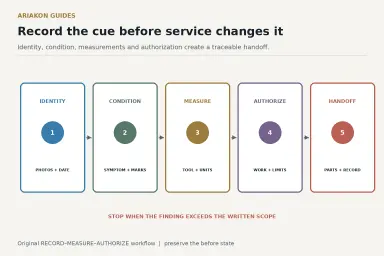 Five-step cue service record covering identity, condition, measurements, authorization and handoff