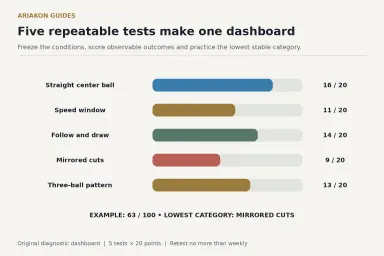Pool progress dashboard diagram showing five repeatable tests, score bars, repeat conditions and a next drill decision
