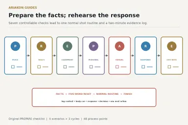 A seven-step PREPARE first-match checklist leading from practical event facts to one repeatable shot routine