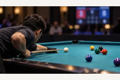 Composed pool player returning to the table during a difficult match