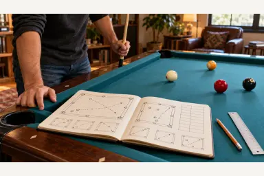 Pool player beside an open notebook filled with hand-drawn table layouts, route arrows and blank score columns