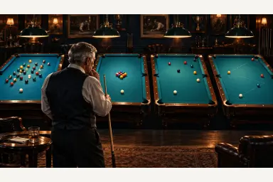 Conceptual editorial illustration of a generic player considering several separate pool tables