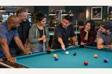 Diverse group of adult pool players welcoming a newcomer and explaining a simple table layout
