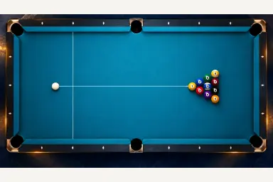 Top-down illustration of a legal ten-ball rack and a controlled cue-ball break path from above the head string